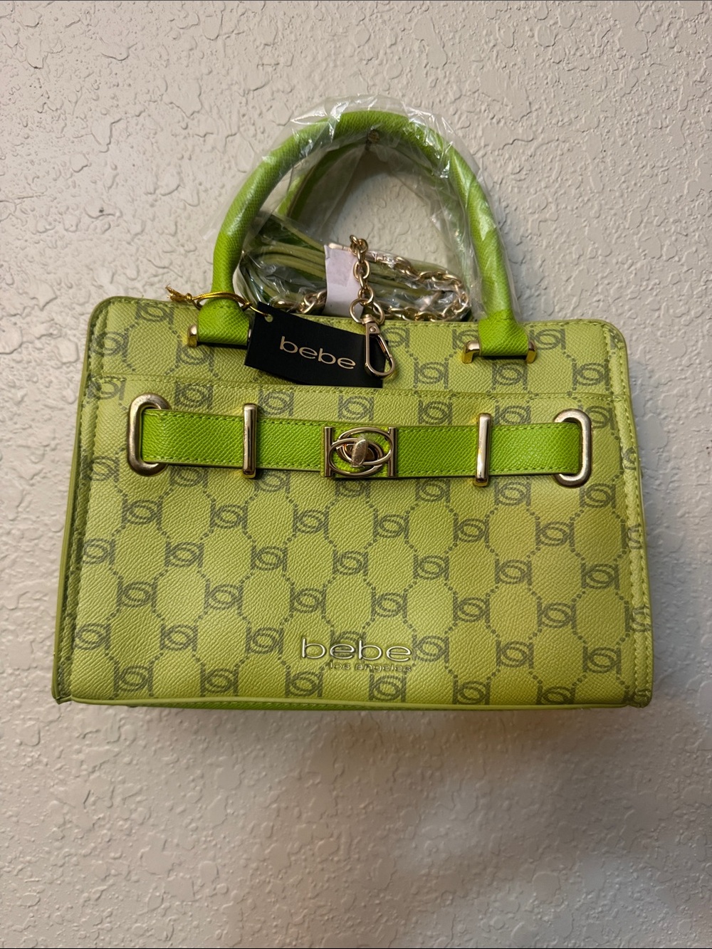 bebe Lime Green Signature Logo Satchel with Gold Hardware